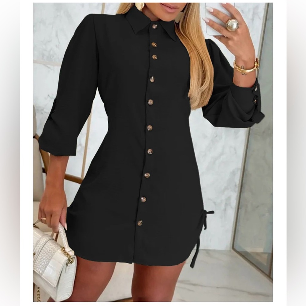 NWT SHECURVE LONG SLEEVE BUTTON DOWN DRAWSTRING SHIRT DRESS BLACK SIZE SMALL